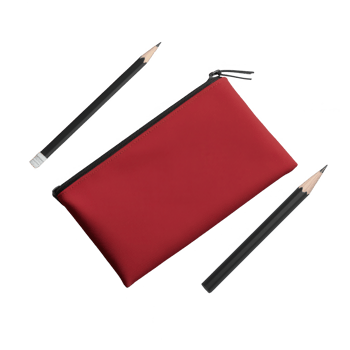 A red pencil case with two black pencils, perfect for organizing stationery. png