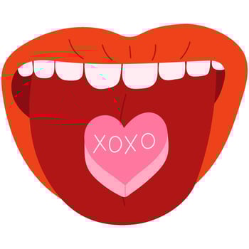 Open mouth with a heart-shaped candy on tongue. Sweet heart shape candy XOXO. Valentines day concept. vector