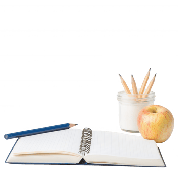 A workspace with a notebook, pencils, an apple, and a jar of cream on a white background. png