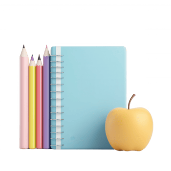 Colorful school supplies with a notebook and an apple for creative inspiration. png