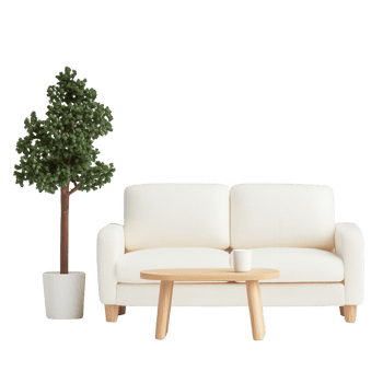 Modern living room scene featuring a cozy couch, table, and decorative plant. png