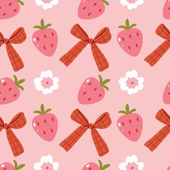 Summer pattern with strawberries, bows and flowers on a pink background. vector