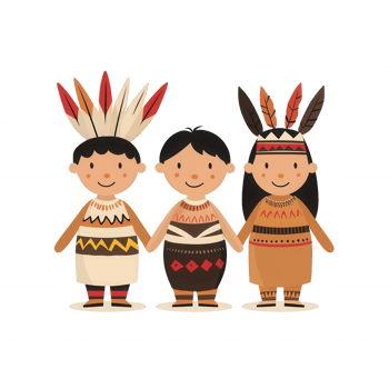 Three children wearing traditional attire with vibrant headdresses, smiling joyfully. png