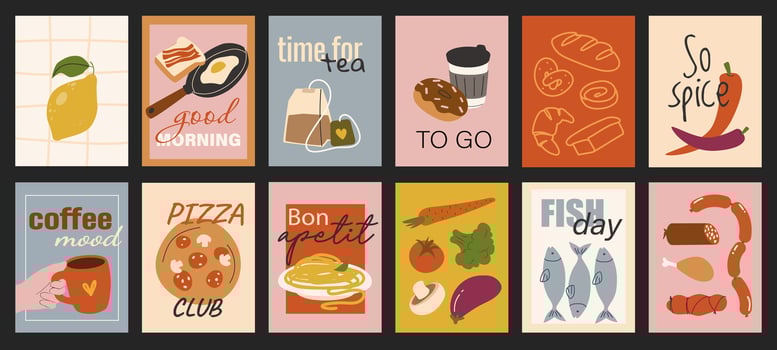Food typography template posters. Menu covers with lemon, breakfast, coffee, tea, baking, spice, pizza, vegetable, fish, meat, other. Social media banners set in retro 90s design. illustration. vector