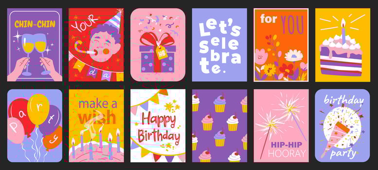 Birthday party typography template posters. Covers with champagne cheers, garland, gift, flower, cake with candles, balloons, other. Social media banners set in retro 90s design. illustration. vector