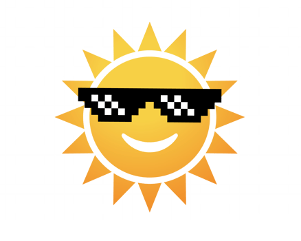 Gradient yellow and orange sun icon with smily face and pixel sunglasses png