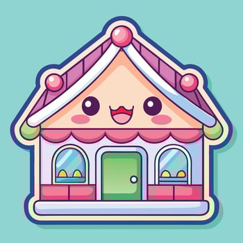 cute house sticker with a pink roof and windows on a white background vector