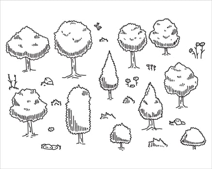 Tree drawing set. Doodle contour oak. Nature plant with leaf. Line forest element. Outdoor environment landscape. Sketch outline wood vector