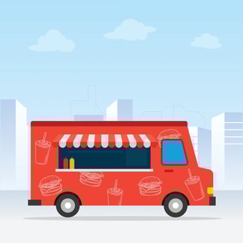 Red food truck street fast food. Retro van side view, on city background Flat vector