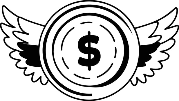 Flying dollar coin with wings, waste money concept glyph sticker vector