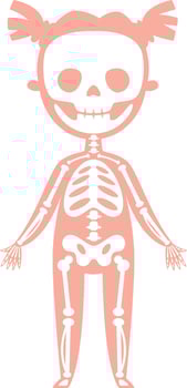 Stylized x ray of a child skeleton, showing bones and skull, with pigtails, useful for medical or educational purposes, standing on a white background vector