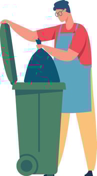 Janitor wearing an apron is throwing a garbage bag into a large green wheeled bin, emphasizing the importance of waste management and recycling for a cleaner environment vector