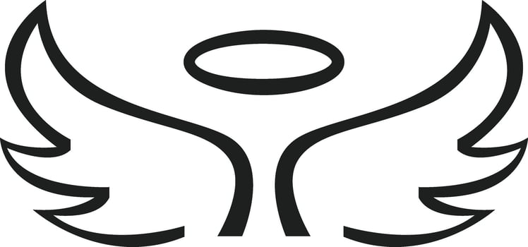 Simple black and white drawing of angel wings rising, with halo, representing spirituality, purity, hope, love, and religious themes, suitable for various design projects vector