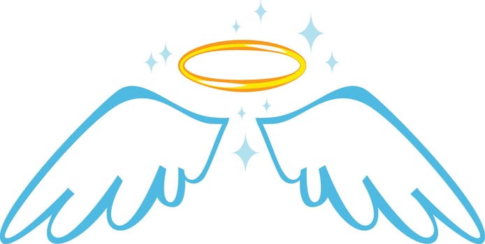 Cartoon drawing of angel wings and halo shining with bright sparkles representing purity, innocence, and spirituality, suitable for religious or spiritual projects vector