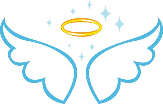 Cartoon style blue angel wings and a golden halo shining brightly among twinkling stars, embodying themes of spirituality, innocence, and a divine presence in a celestial realm vector