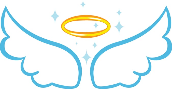 Cartoon style blue angel wings and golden halo with sparkling stars evoke feelings of purity, innocence, and divine presence, perfect for religious or spiritual designs vector