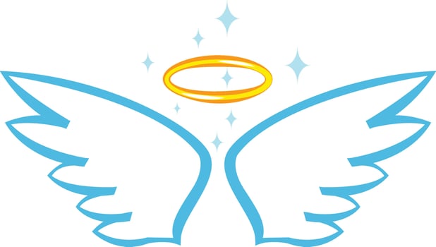 Cartoon drawing featuring angel wings and a halo, shining brightly with stars, embodying themes of purity, spirituality, and divine presence in a magical, ethereal style vector
