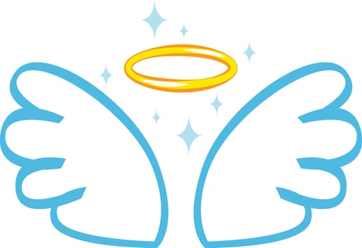 Cartoon drawing featuring angel wings and a halo radiating bright light, symbolizing purity, spirituality, and a divine presence in a serene and celestial atmosphere vector