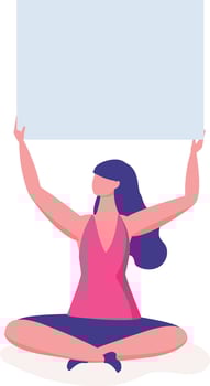 Woman sitting with crossed legs and holding a blank placard above her head, promoting a message or idea, ideal for protests, activism, and social movements vector