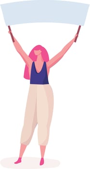 Pink haired female activist raising a blank banner during a demonstration or protest for equal rights and social justice, fighting for freedom and making her voice heard vector