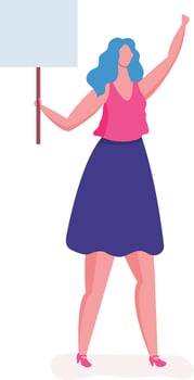 Young woman with blue hair wearing a purple skirt and pink tank top is holding a blank sign and raising her arm during a protest or demonstration vector