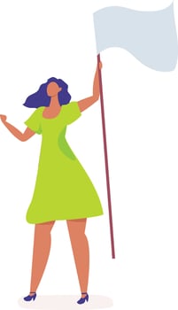 Young woman holding blank white flag is leading protest, fighting for human rights and equality, demonstrating for freedom and justice, expressing her beliefs and values vector