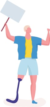 Young man with prosthetic leg holding blank placard and raising fist up showing his power and protesting for human rights, inclusion and equality vector