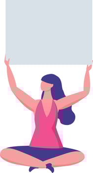 Woman sitting cross legged on the floor, holding a blank sign high above her head, creating an opportunity for messages or designs related to various campaigns and causes vector