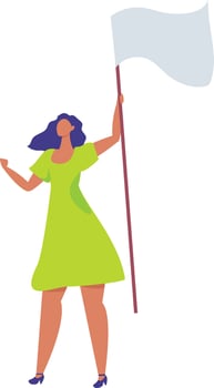 Young female activist waving a white flag during a political protest or demonstration for peace, human rights, or social justice, expressing surrender, truce, or defeat vector