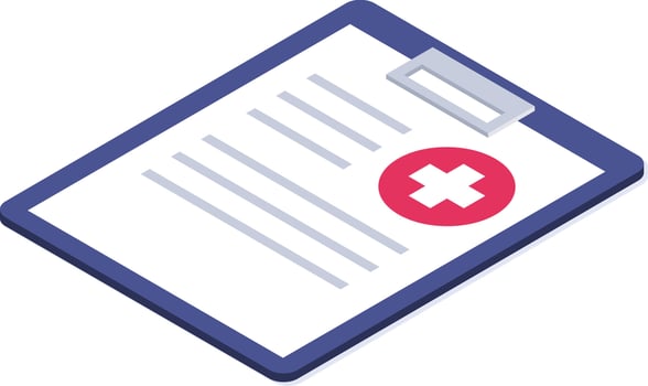 Isometric clipboard showing rejected healthcare document with red cross symbol, representing denied medical insurance or failed health check vector