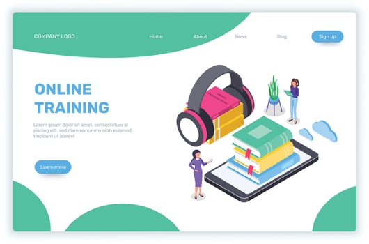 Two female students are using a smartphone with headphones and a stack of books to learn with online training courses, in this isometric illustration for e learning and knowledge concept vector