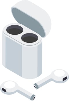 Modern white true wireless earphones charging inside an open white case, featuring a sleek isometric view against a clean white background, highlighting their minimalist design vector