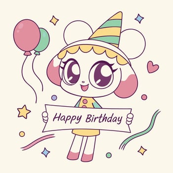 happy birthday card with a cute cartoon character holding a sign vector