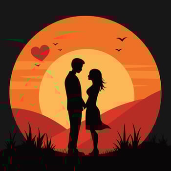 silhouette of a couple standing in front of a sunset. vector