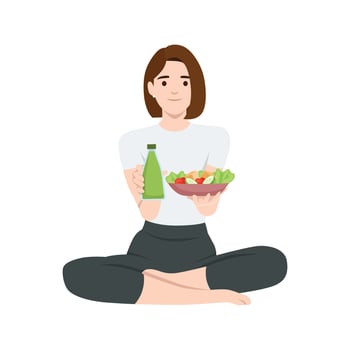 Healthy Living, Nourishing Mind and Body woman holding bowl of salad and a bottle of green juice. vector