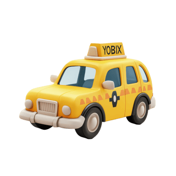 A cartoon style yellow taxi cab with a rooftop sign in a simple transparent background setting, 3D cartoon style taxi car transparent background png