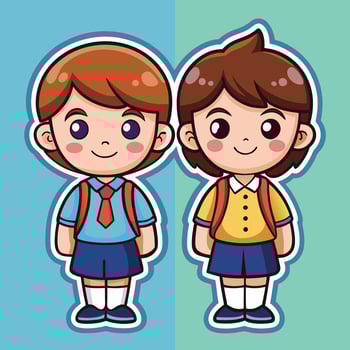 two cartoon school kids standing next to each other vector