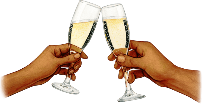 Watercolor hand drawn hands toasting sparkling wine dark skin png