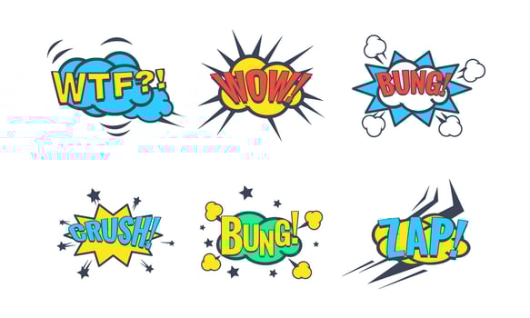 Comic Speech Bubble with Text Set, Comic Sound Effects, Wtf, Wow, Bung, Crush, Zap Illustration vector
