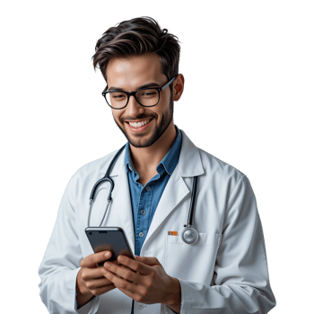 Smiling Doctor Using Smartphone, Ready for Telemedicine or Consultation png