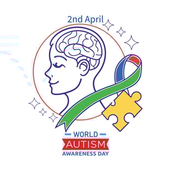 Symbol Of Autism Puzzle Piece With Ribbon And Human Brain And 2nd April World Autism Awareness Day Concept Illustration Flat Style vector