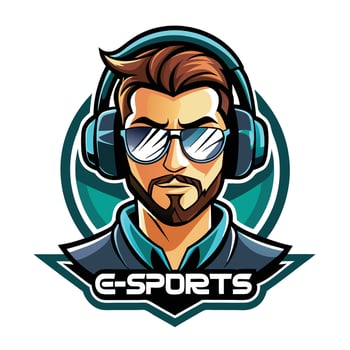 e-sports logo with a man wearing headphones on a white background vector