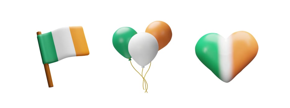 3d render Ireland set. Three-dimensional illustration of flag, balloon and heart. Patriotism signs in national colors. Government emblems and symbols. St. Patricks Day or Independence Day vector