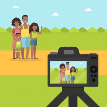 Happy Family Posing for Photographer in Park Outdoors, Cheerful Mother, Father, Daughter and Son on Nature Background Illustration vector