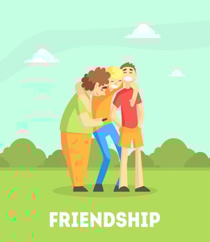 Three Smiling Best Male Friends Walking and Talking Together in Park Outdoor, Male Friendship Illustration vector