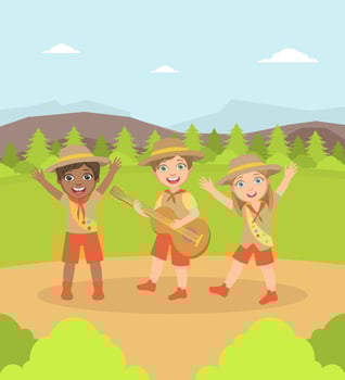 Kids Scouts Characters in Uniform Camping on Nature Landscape, Boy Playing Guitar Illustration vector