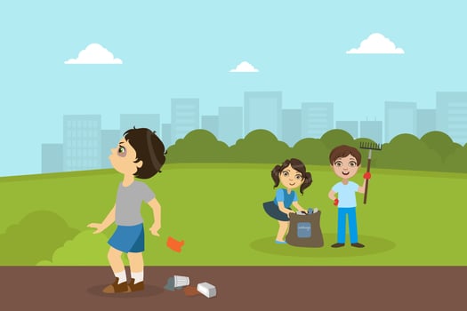 Boy and Girl Gathering Rubbish in Park, Bully Boy Throwing Garbage on Street Illustration vector