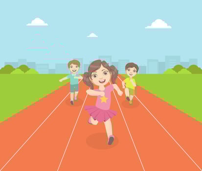 Boys and Girl Running Race Tracks of Stadium at Competition, Front View Illustration vector