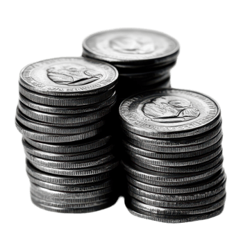 Stacks of metal coins arranged neatly against a transparent background showcasing various details and textures, Big stacks metal Coins money, transparent background. png