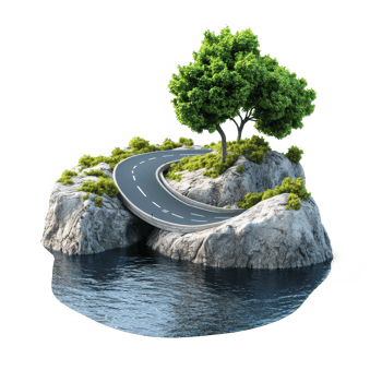 A floating road meanders through a rocky island surrounded by serene waters under a clear sky, 3D realistic a Floating Road on Rocky Island, isolated on transparent background Background png